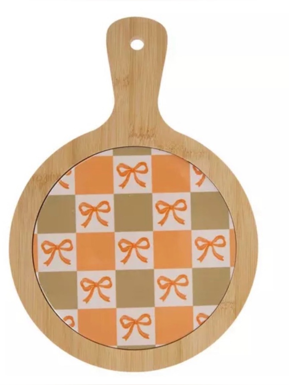 Checkered Bows Paddle Wood Trivet Round Serving Board with Orange Bow Pattern
